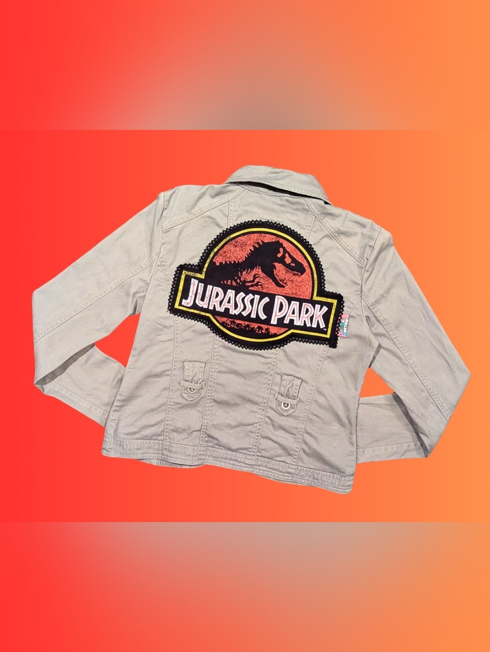 Handmade, Upcycled Gray, Jurassic Park Denim Jacket Size M